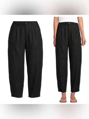 NWOT Lands' End 100% Linen Black High Rise Pleated Barrel Leg Ankle Pants Sz 16W